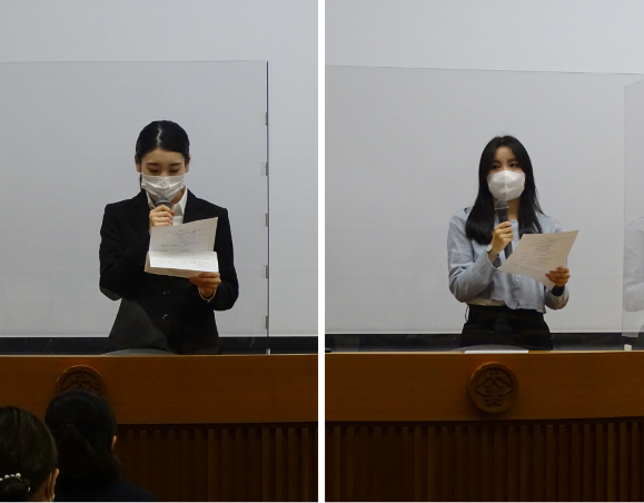 （写真）司会の大桶さん（左）と議長の村井さん（右）